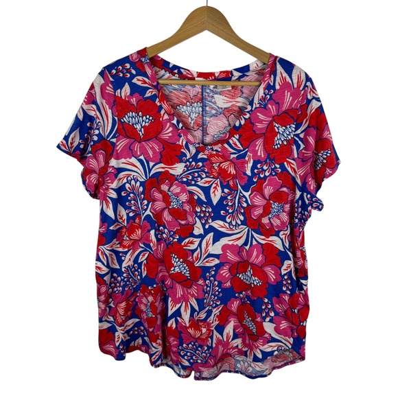 Sigrid Olsen Floral Short Sleeve Tee Sz 1X T-Shirt V-Neck Cotton Tropical Resort - Picture 1 of 8